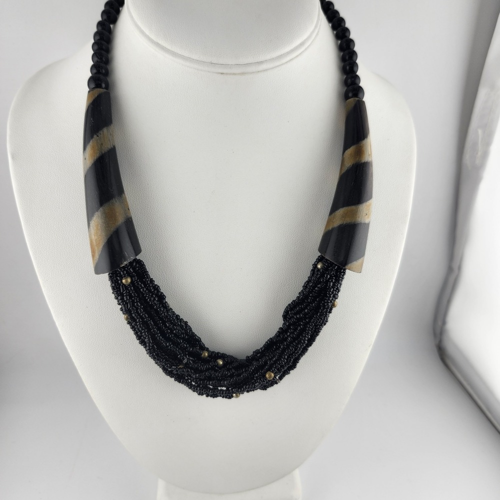Vintage Black Bead Multistrand Carved‎ Wood Necklace